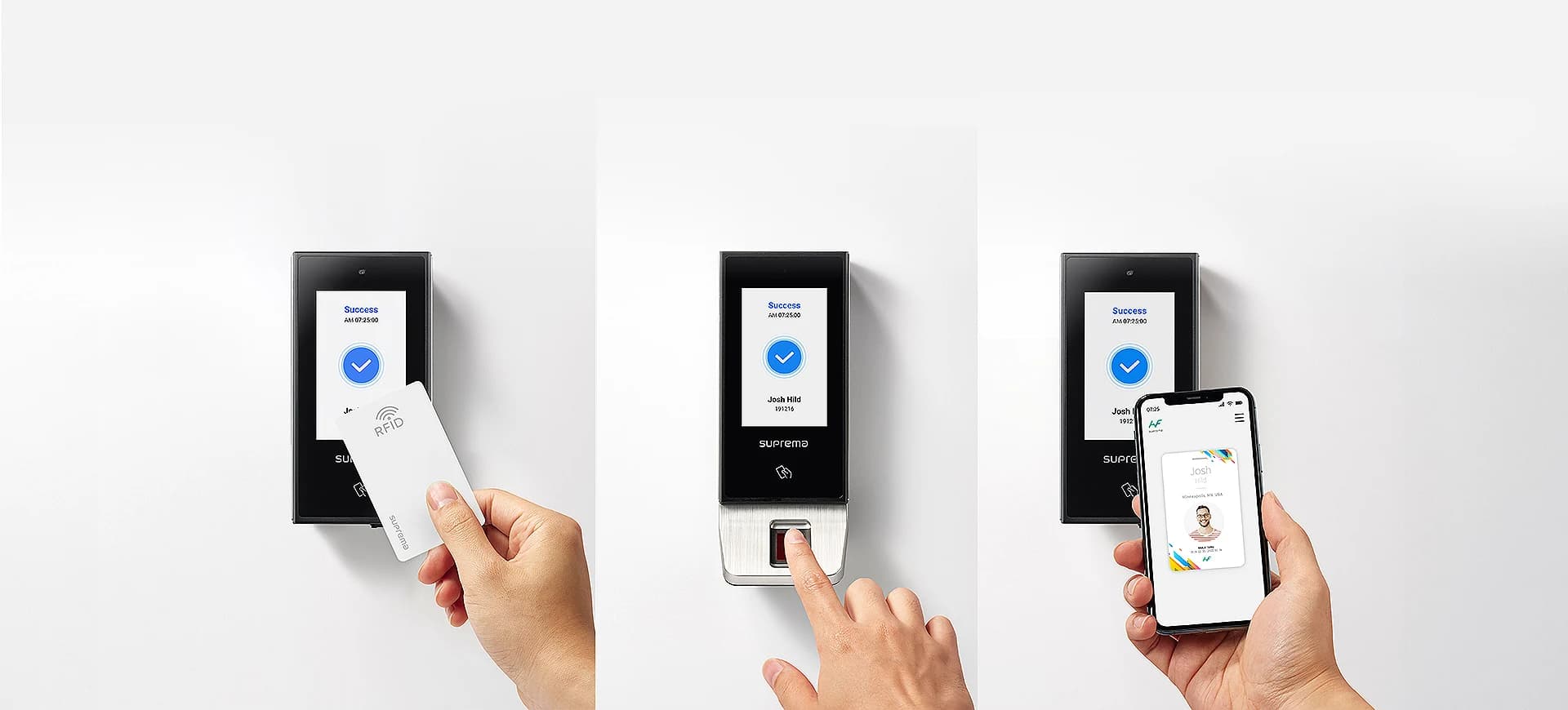 Employees checking in on a biometric terminal with a card, a fingerprint and a phone