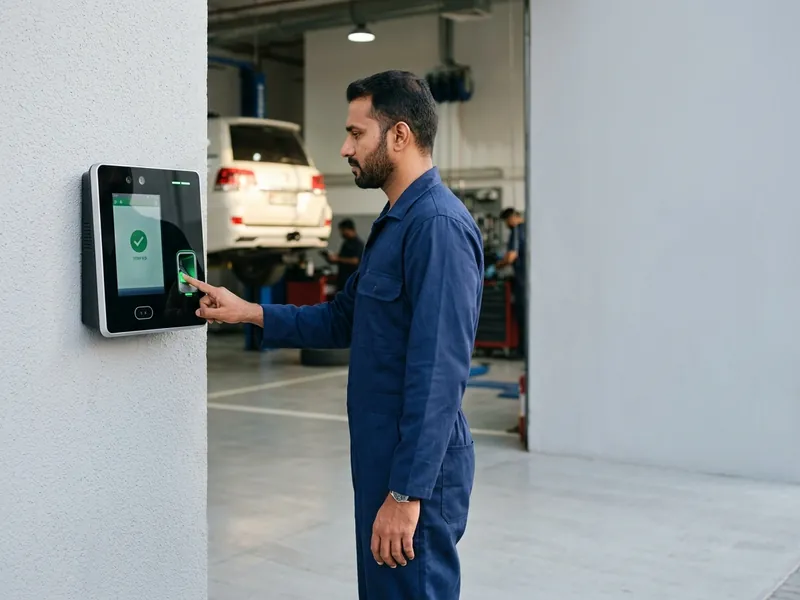 Mechanic clocking in on a Timesync biometric attendance machine in a UAE car workshop.