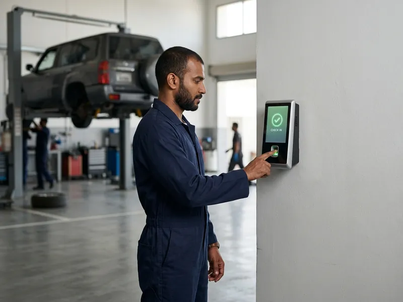 Mechanic using a Timesync biometric face attendance terminal in a UAE car service centre.