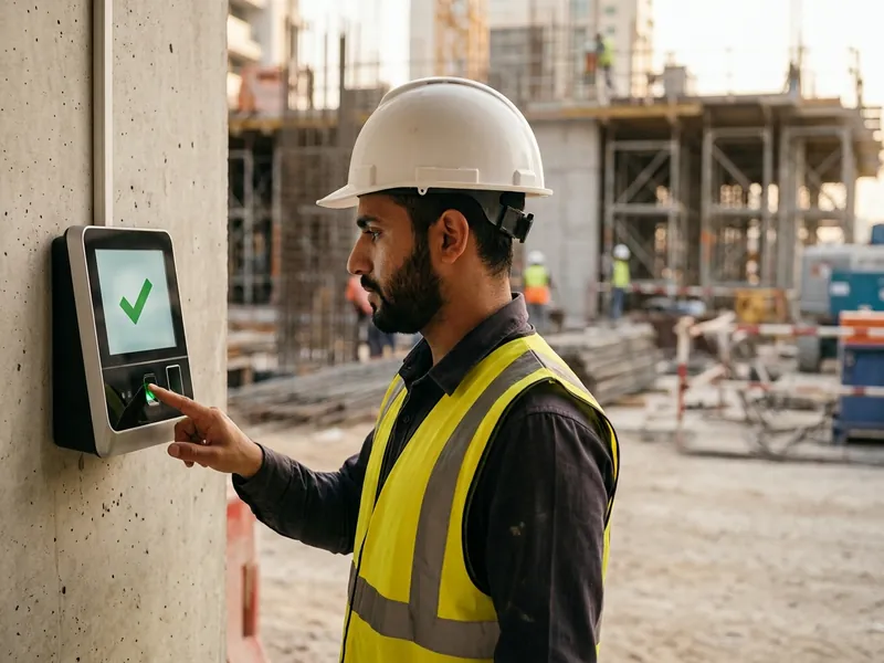Construction worker clocking in on a biometric fingerprint attendance machine at a UAE site.