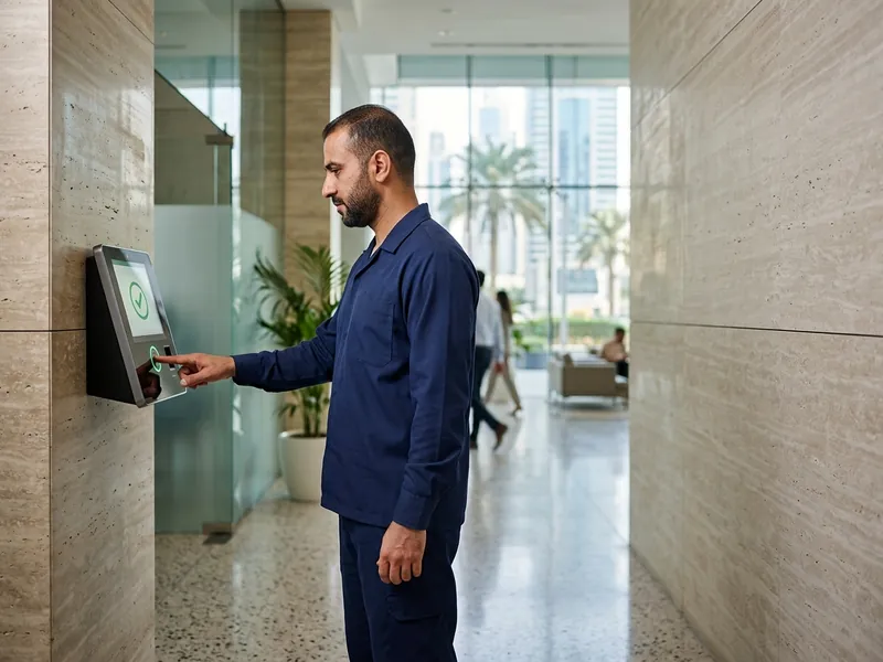 Facilities worker checking in on a Timesync biometric attendance terminal at a UAE site.