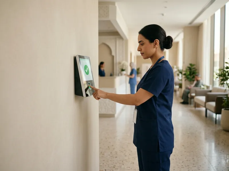 Nurse checking in on a Timesync biometric attendance terminal in a UAE clinic.