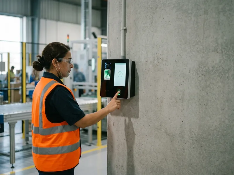 Factory worker checking in on a Timesync biometric attendance terminal on a UAE production floor.