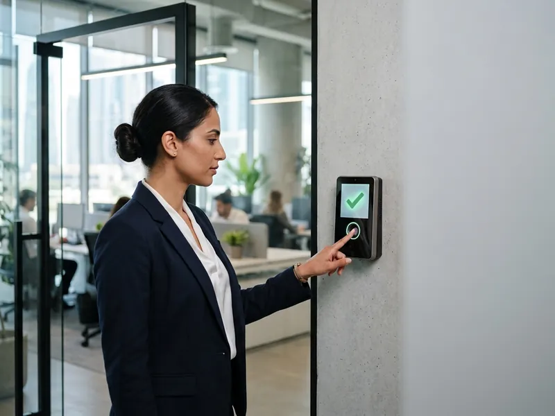 Office employee clocking in on a Timesync biometric face attendance machine in a UAE workplace.