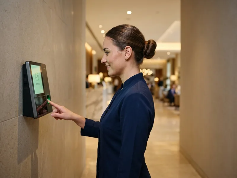 Property staff member clocking in on a Timesync biometric attendance machine in a UAE building.