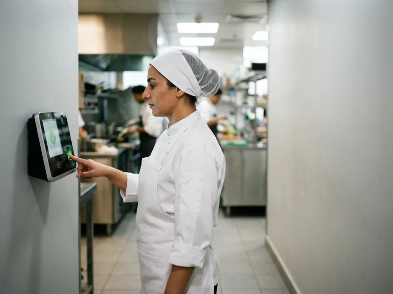 Chef clocking in on a Timesync biometric fingerprint attendance machine in a UAE commercial kitchen.