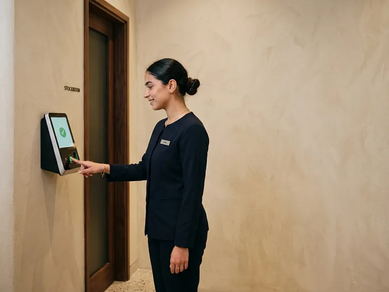 Retail staff member checking in on a Timesync biometric attendance terminal in a UAE store.