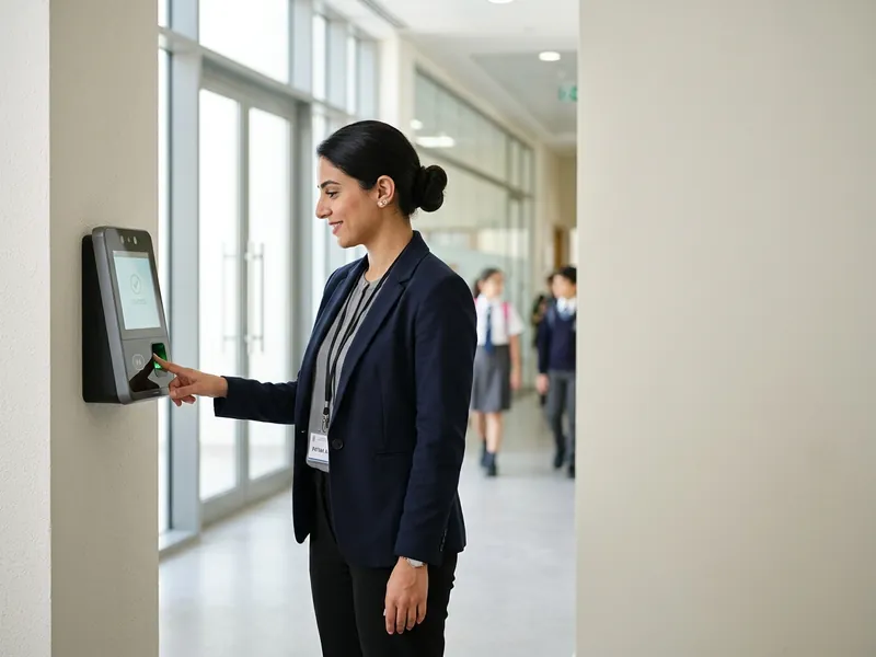 Teacher clocking in on a Timesync biometric attendance machine in a UAE school.